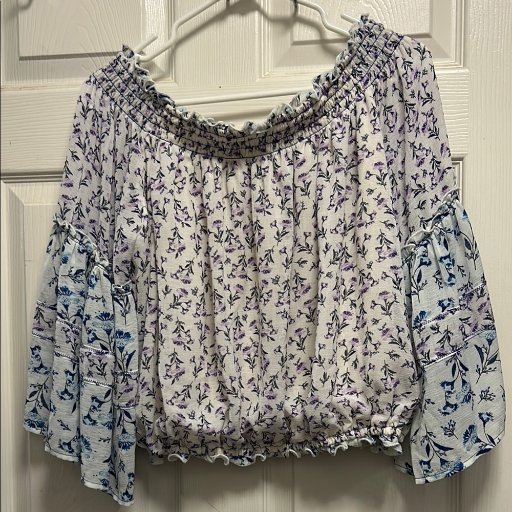 Free People Black and White Smocked Bell Sleeve Blouse